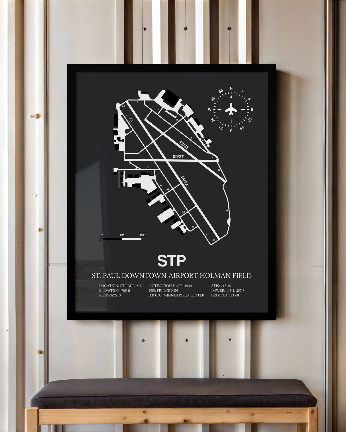 Framed Detailed Airport Map of St Paul Downtown Airport Holman Field (STP) in Gray with a Black Frame