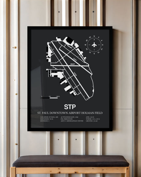 Framed Detailed Airport Map of St Paul Downtown Airport Holman Field (STP) in Gray with a Black Frame