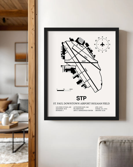 Framed Detailed Airport Map of St Paul Downtown Airport Holman Field (STP) in White with a Black Frame