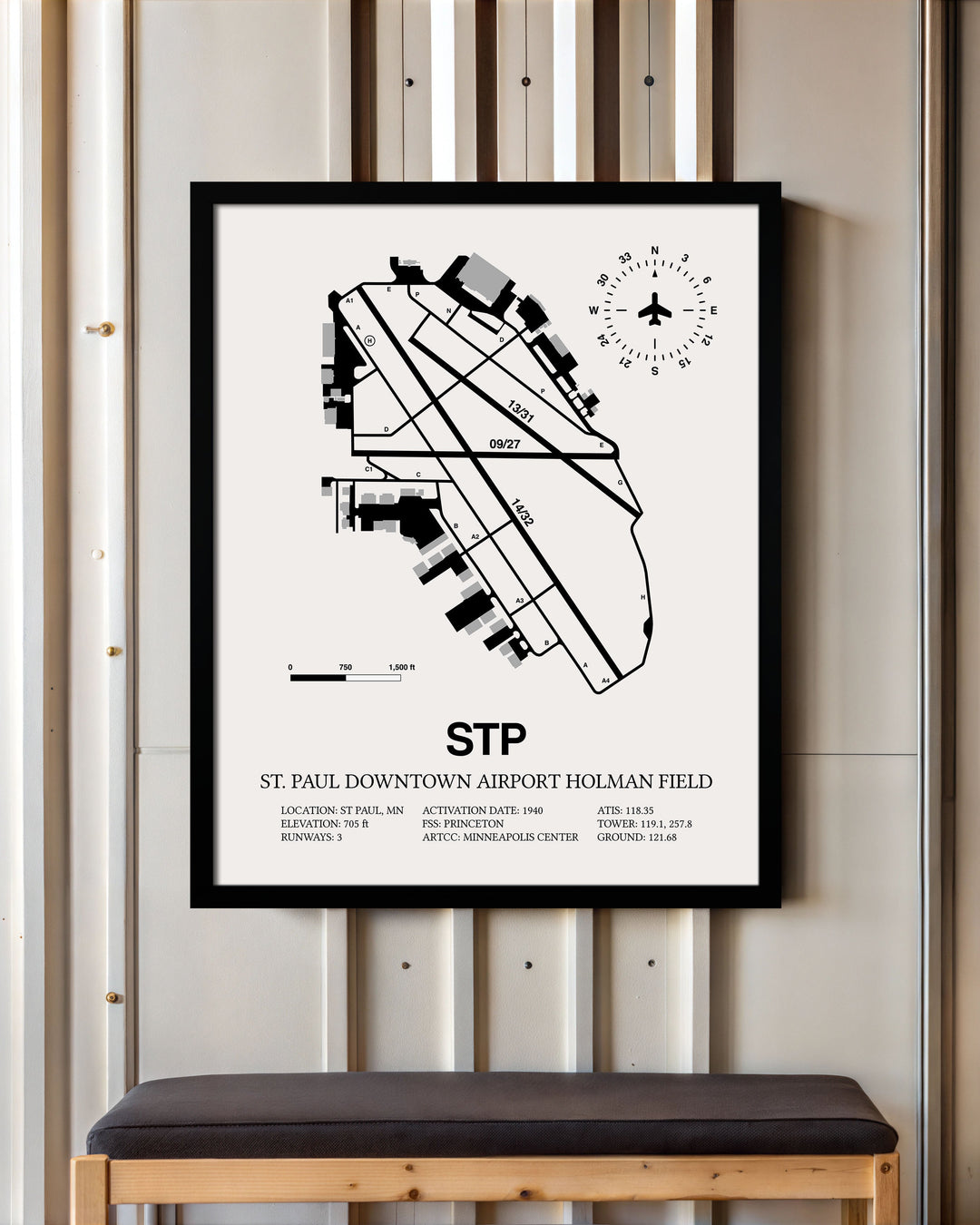 Framed Detailed Airport Map of St Paul Downtown Airport Holman Field (STP) in White with a Black Frame