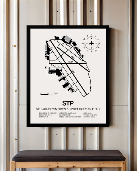 Framed Detailed Airport Map of St Paul Downtown Airport Holman Field (STP) in White with a Black Frame