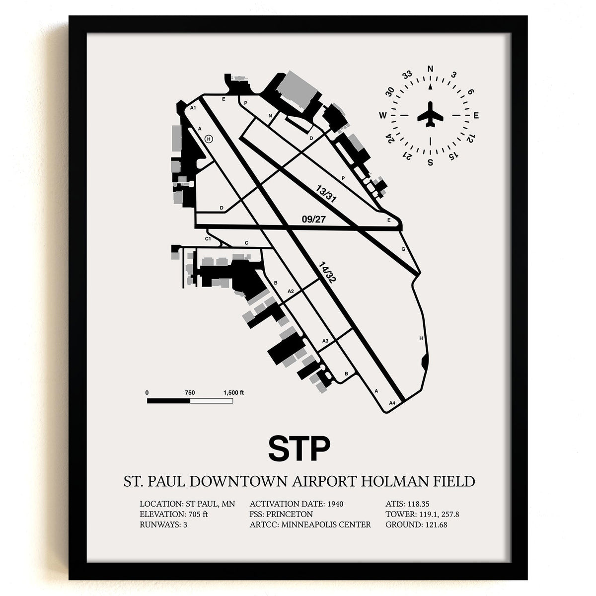 Framed Detailed Airport Map of St Paul Downtown Airport Holman Field (STP) in White with a Black Frame
