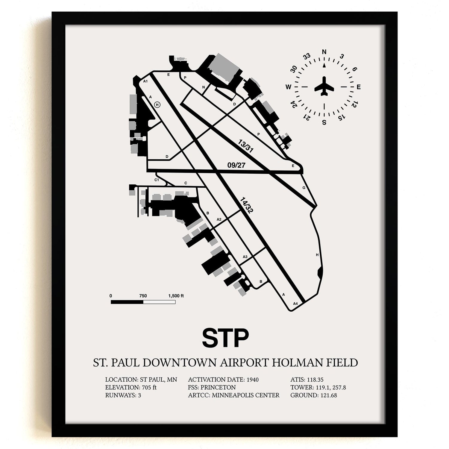 Framed Detailed Airport Map of St Paul Downtown Airport Holman Field (STP) in White with a Black Frame