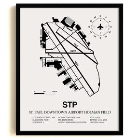 Framed Detailed Airport Map of St Paul Downtown Airport Holman Field (STP) in White with a Black Frame