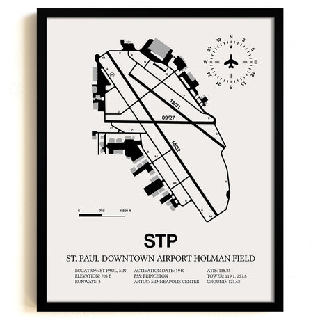 Framed Detailed Airport Map of St Paul Downtown Airport Holman Field (STP) in White with a Black Frame
