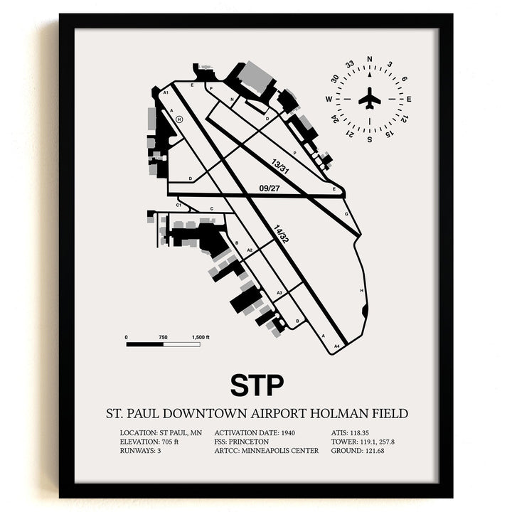 Framed Detailed Airport Map of St Paul Downtown Airport Holman Field (STP) in White with a Black Frame