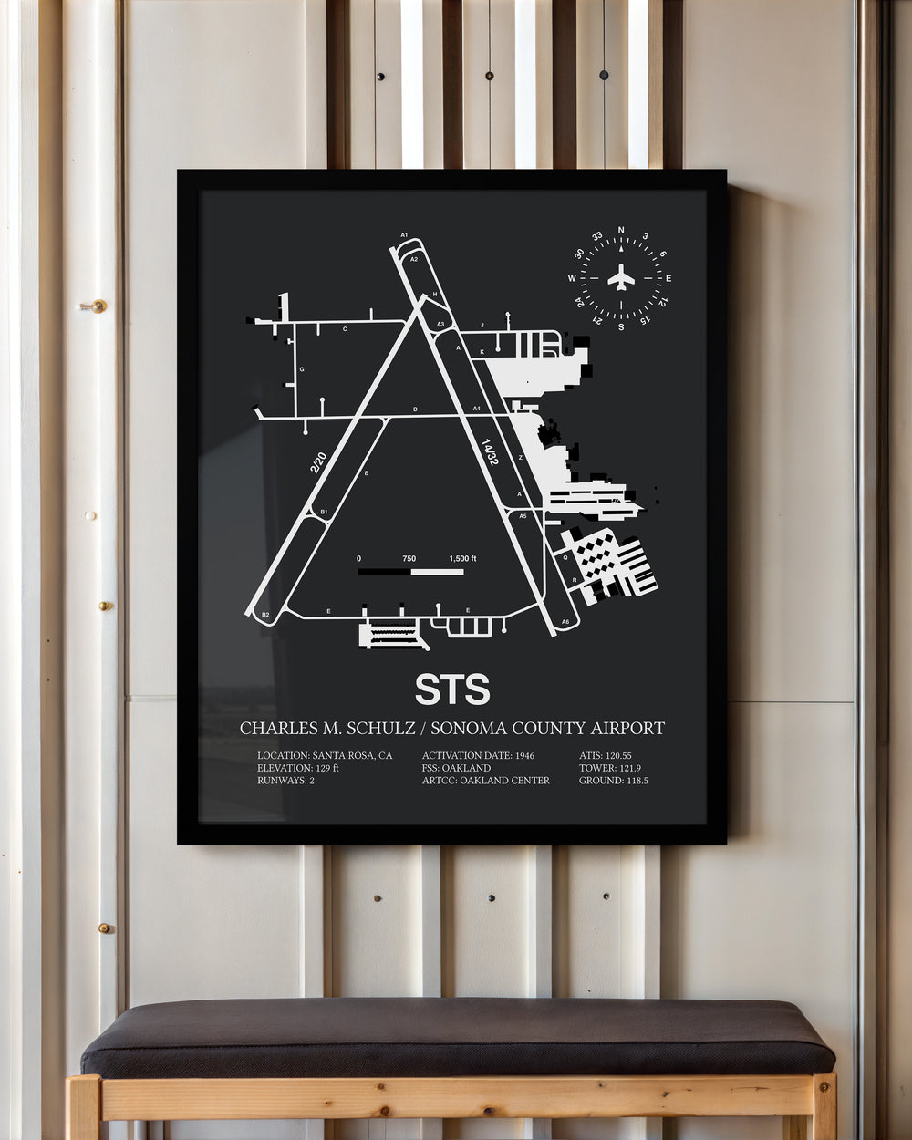 Framed Detailed Airport Map of Charles M. Schulz/Sonoma County Airport (STS) in Gray with a Black Frame