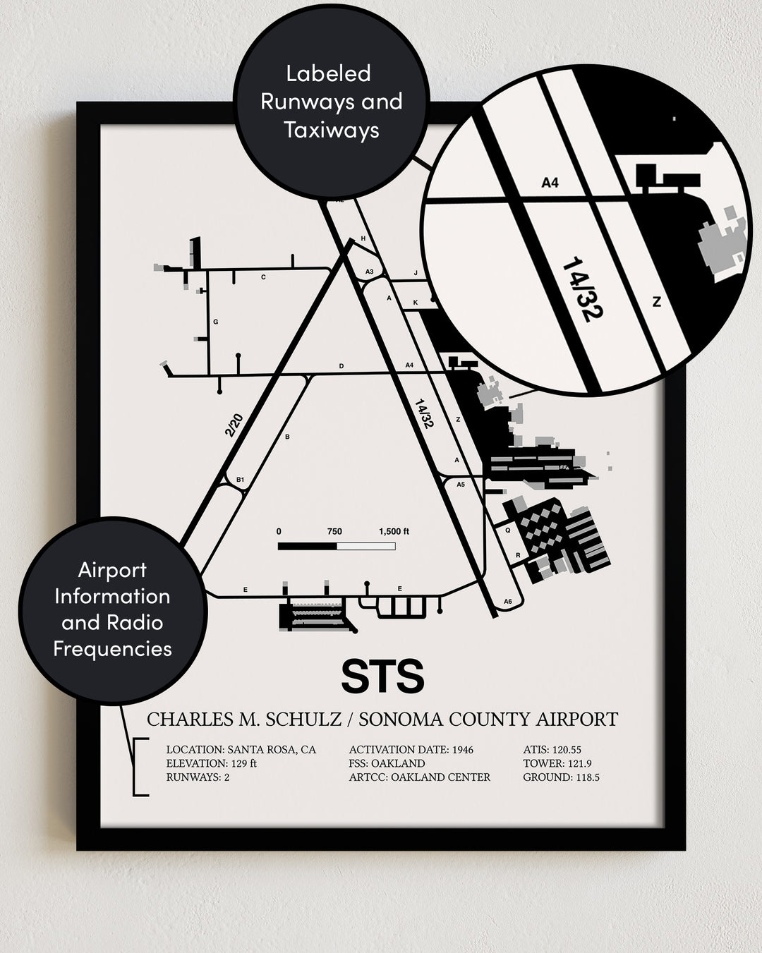 Framed Detailed Airport Map of Charles M. Schulz/Sonoma County Airport (STS) in White with a Black Frame