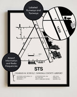 Framed Detailed Airport Map of Charles M. Schulz/Sonoma County Airport (STS) in White with a Black Frame