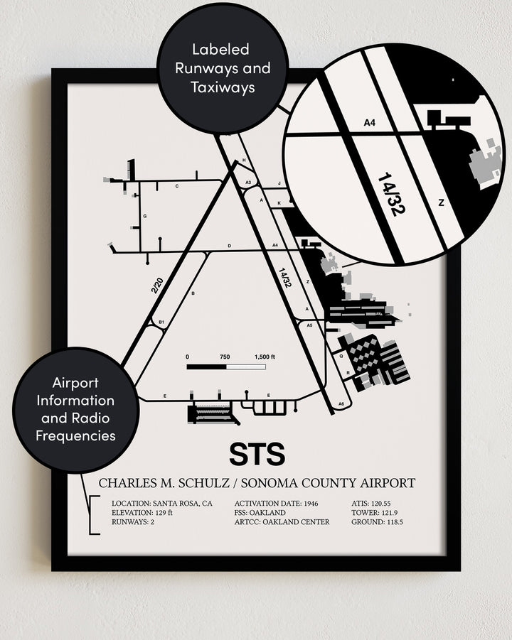 Framed Detailed Airport Map of Charles M. Schulz/Sonoma County Airport (STS) in White with a Black Frame