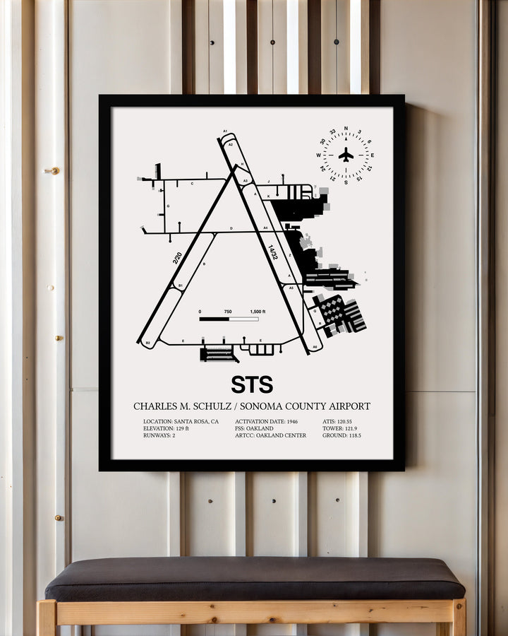 Framed Detailed Airport Map of Charles M. Schulz/Sonoma County Airport (STS) in White with a Black Frame