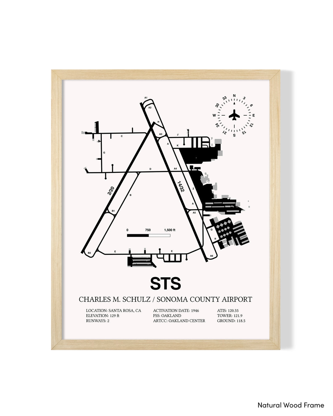 Detailed Airport Map of Charles M. Schulz/Sonoma County Airport (STS) in White with a Natural Frame