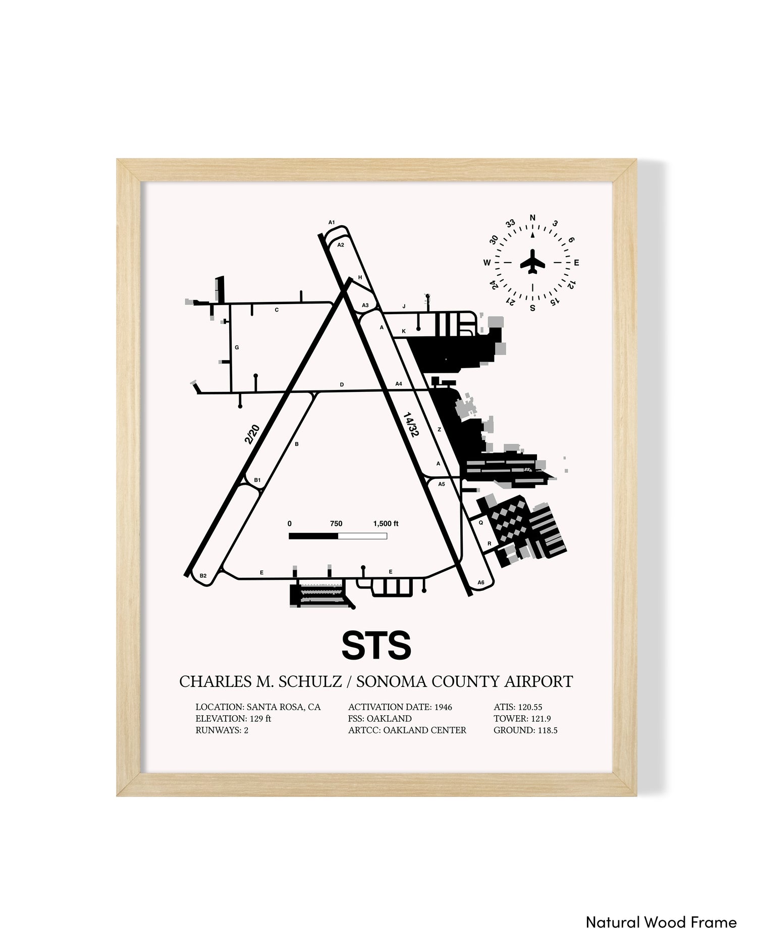 Detailed Airport Map of Charles M. Schulz/Sonoma County Airport (STS) in White with a Natural Frame