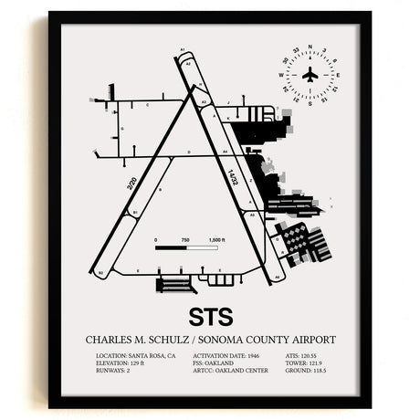Framed Detailed Airport Map of Charles M. Schulz/Sonoma County Airport (STS) in White with a Black Frame