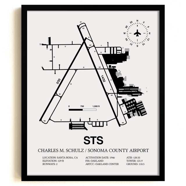Framed Detailed Airport Map of Charles M. Schulz/Sonoma County Airport (STS) in White with a Black Frame