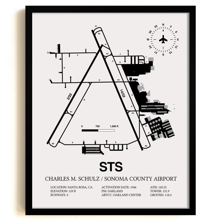 Framed Detailed Airport Map of Charles M. Schulz/Sonoma County Airport (STS) in White with a Black Frame