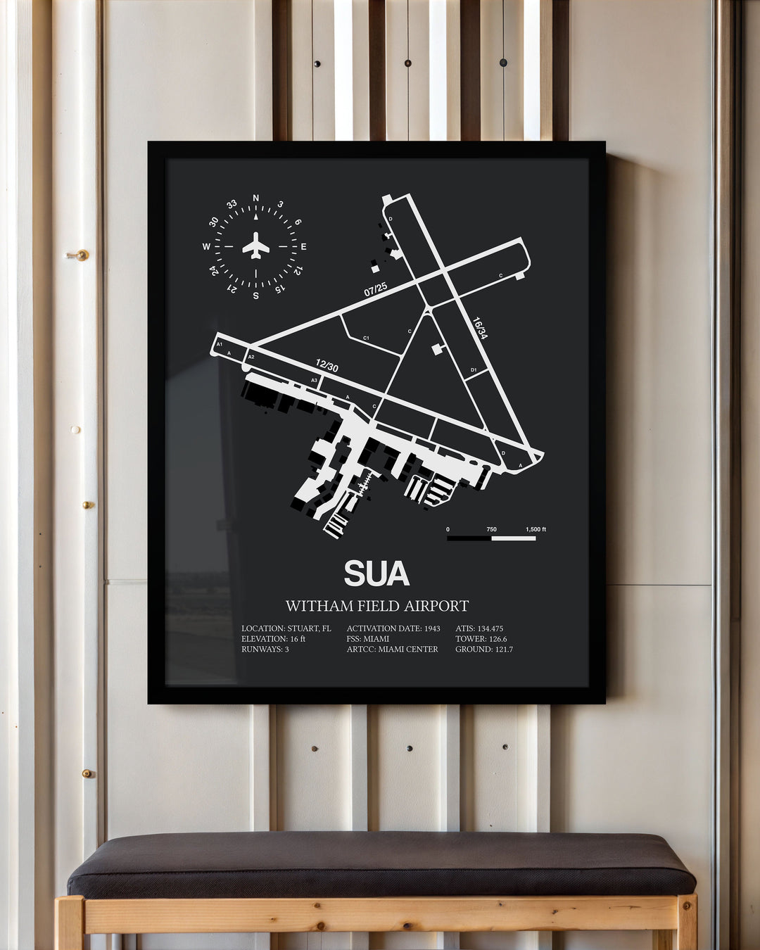 Framed Detailed Airport Map of Witham Field Airport (SUA) in Gray with a Black Frame