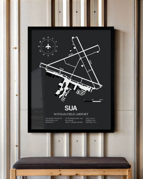 Framed Detailed Airport Map of Witham Field Airport (SUA) in Gray with a Black Frame