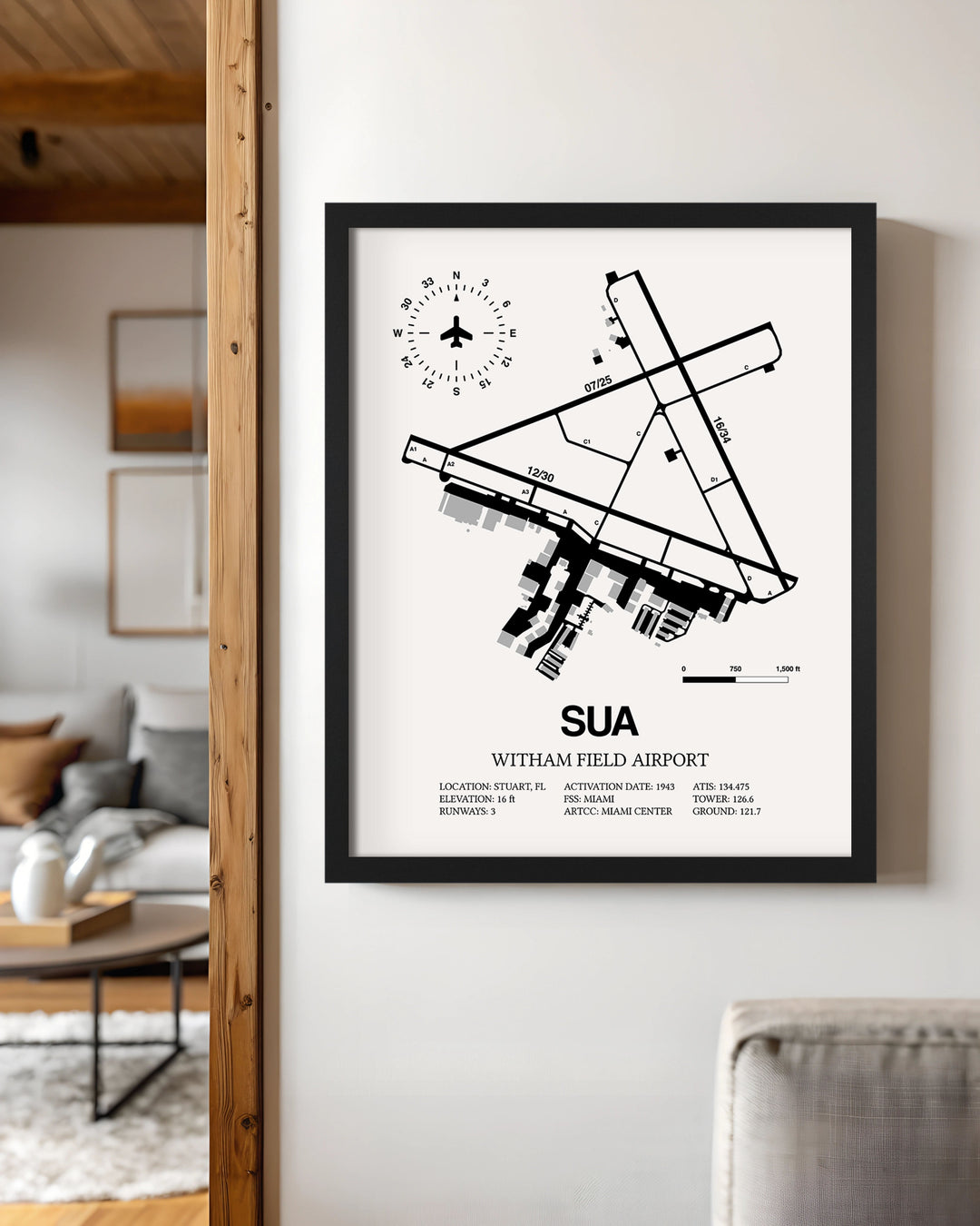 Framed Detailed Airport Map of Witham Field Airport (SUA) in White with a Black Frame