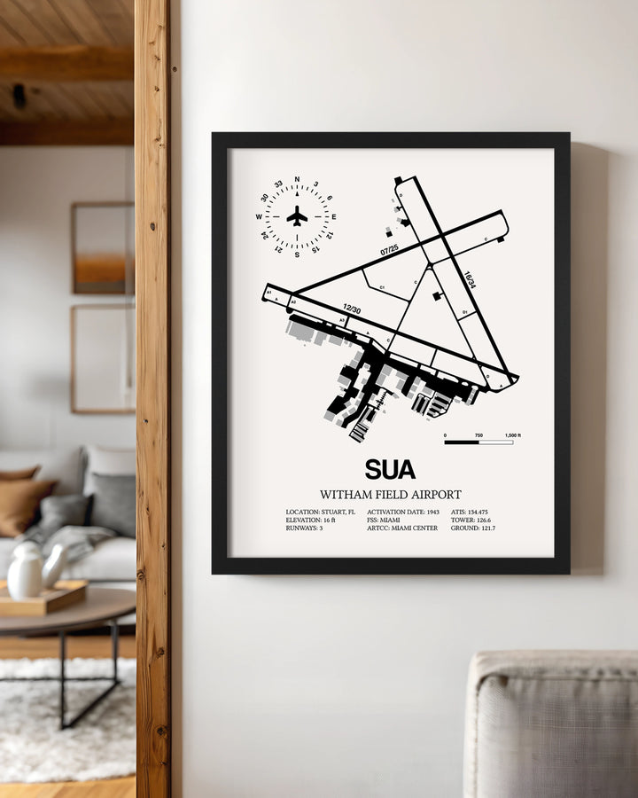 Framed Detailed Airport Map of Witham Field Airport (SUA) in White with a Black Frame