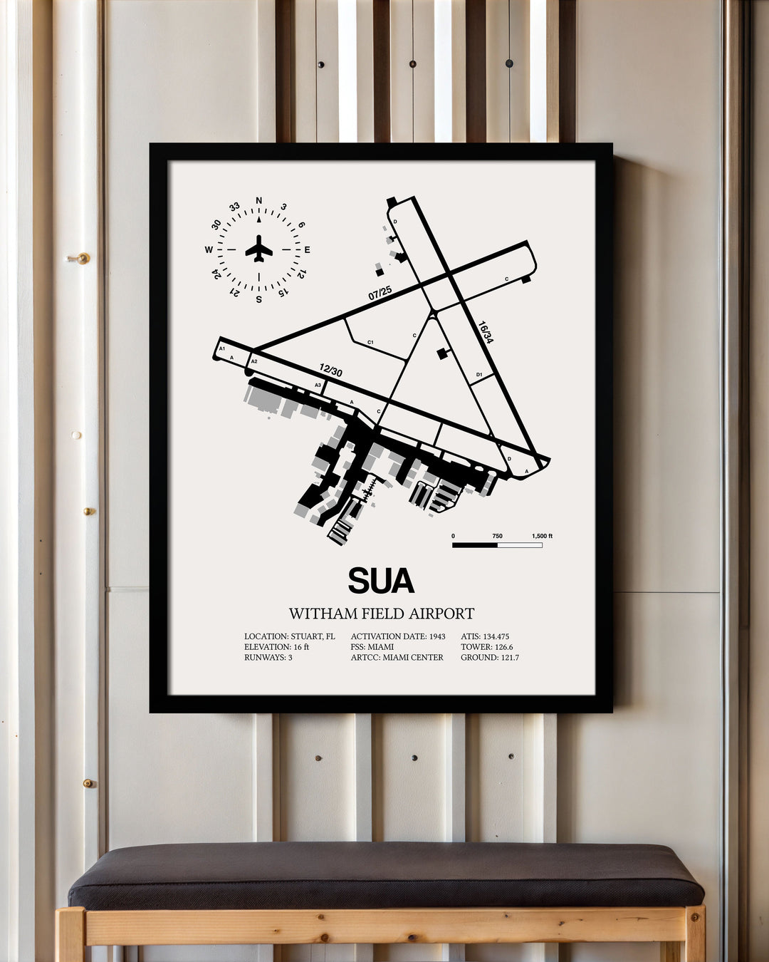Framed Detailed Airport Map of Witham Field Airport (SUA) in White with a Black Frame