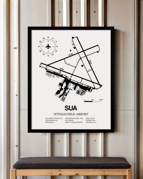 Framed Detailed Airport Map of Witham Field Airport (SUA) in White with a Black Frame