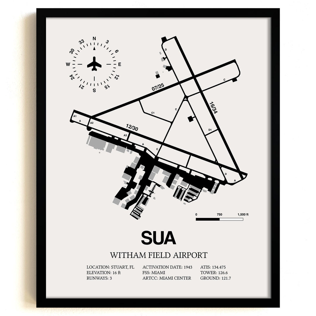 Framed Detailed Airport Map of Witham Field Airport (SUA) in White with a Black Frame