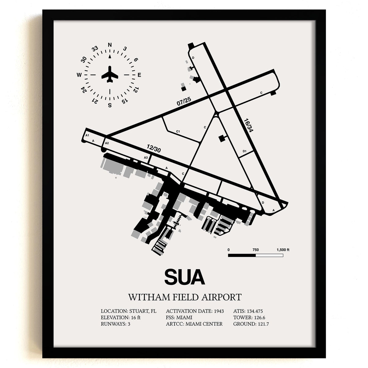 Framed Detailed Airport Map of Witham Field Airport (SUA) in White with a Black Frame