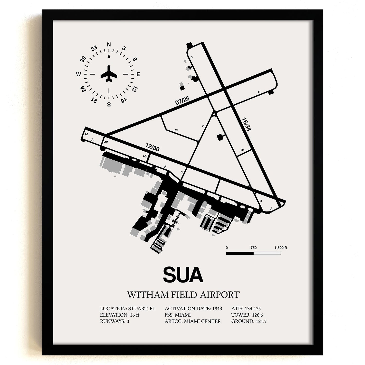 Framed Detailed Airport Map of Witham Field Airport (SUA) in White with a Black Frame