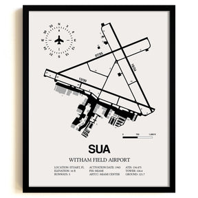 Framed Detailed Airport Map of Witham Field Airport (SUA) in White with a Black Frame