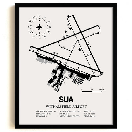 Framed Detailed Airport Map of Witham Field Airport (SUA) in White with a Black Frame