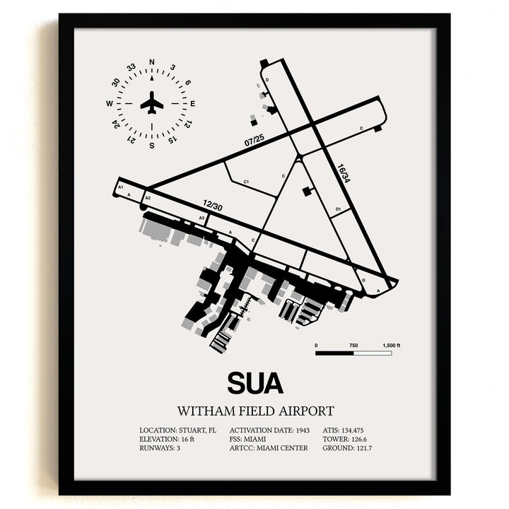 Framed Detailed Airport Map of Witham Field Airport (SUA) in White with a Black Frame