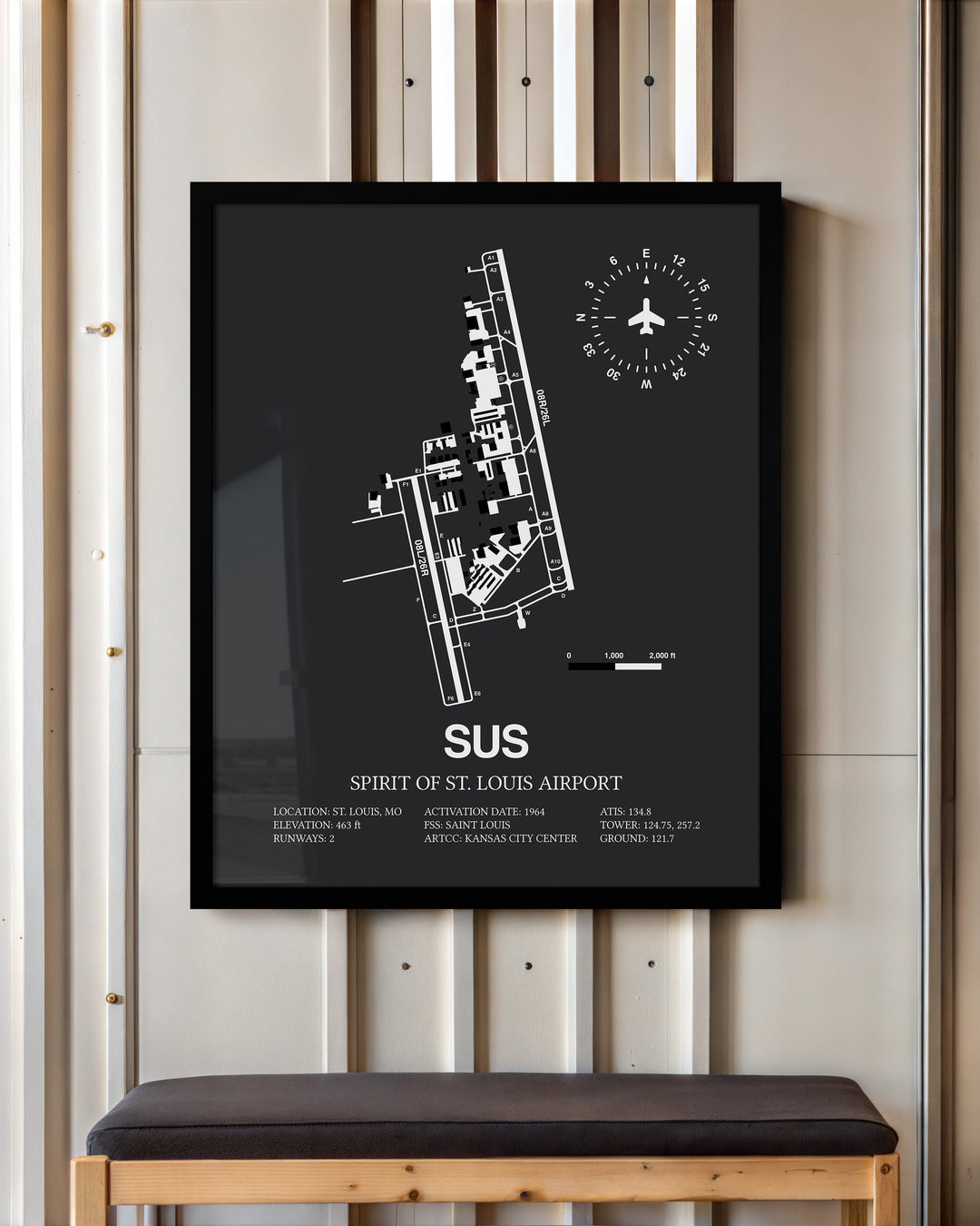 Framed Detailed Airport Map of Spirit of St. Louis Airport (SUS) in Gray with a Black Frame