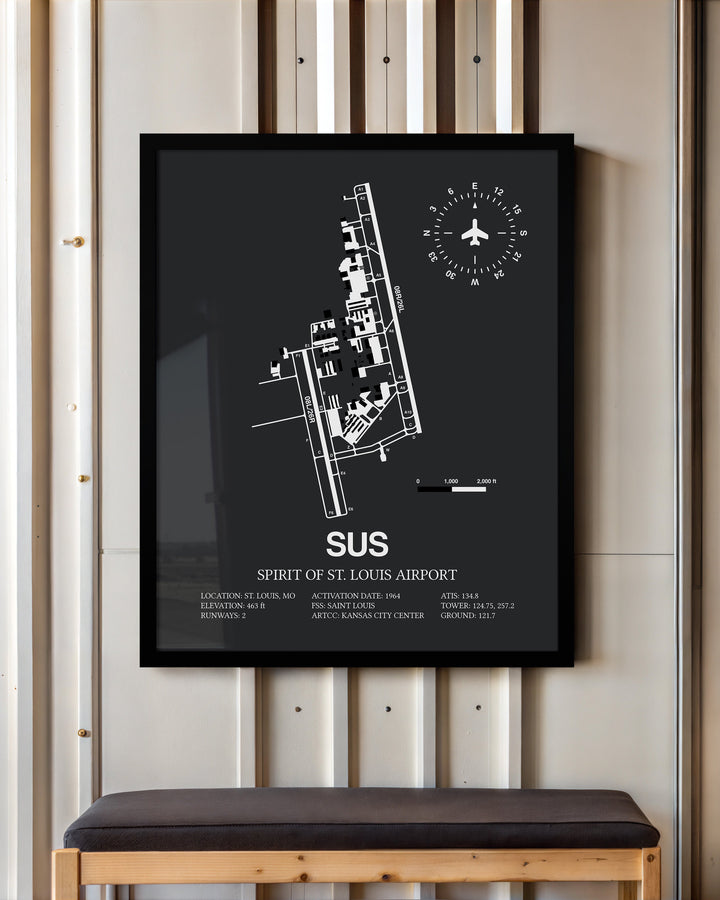 Framed Detailed Airport Map of Spirit of St. Louis Airport (SUS) in Gray with a Black Frame