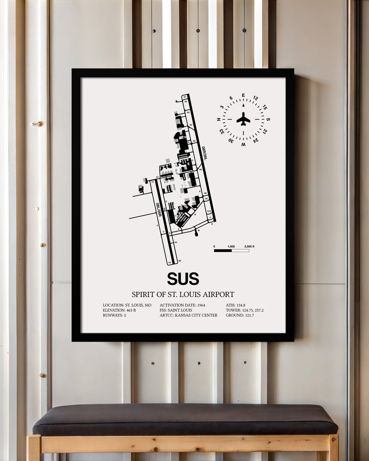 Framed Detailed Airport Map of Spirit of St. Louis Airport (SUS) in White with a Black Frame