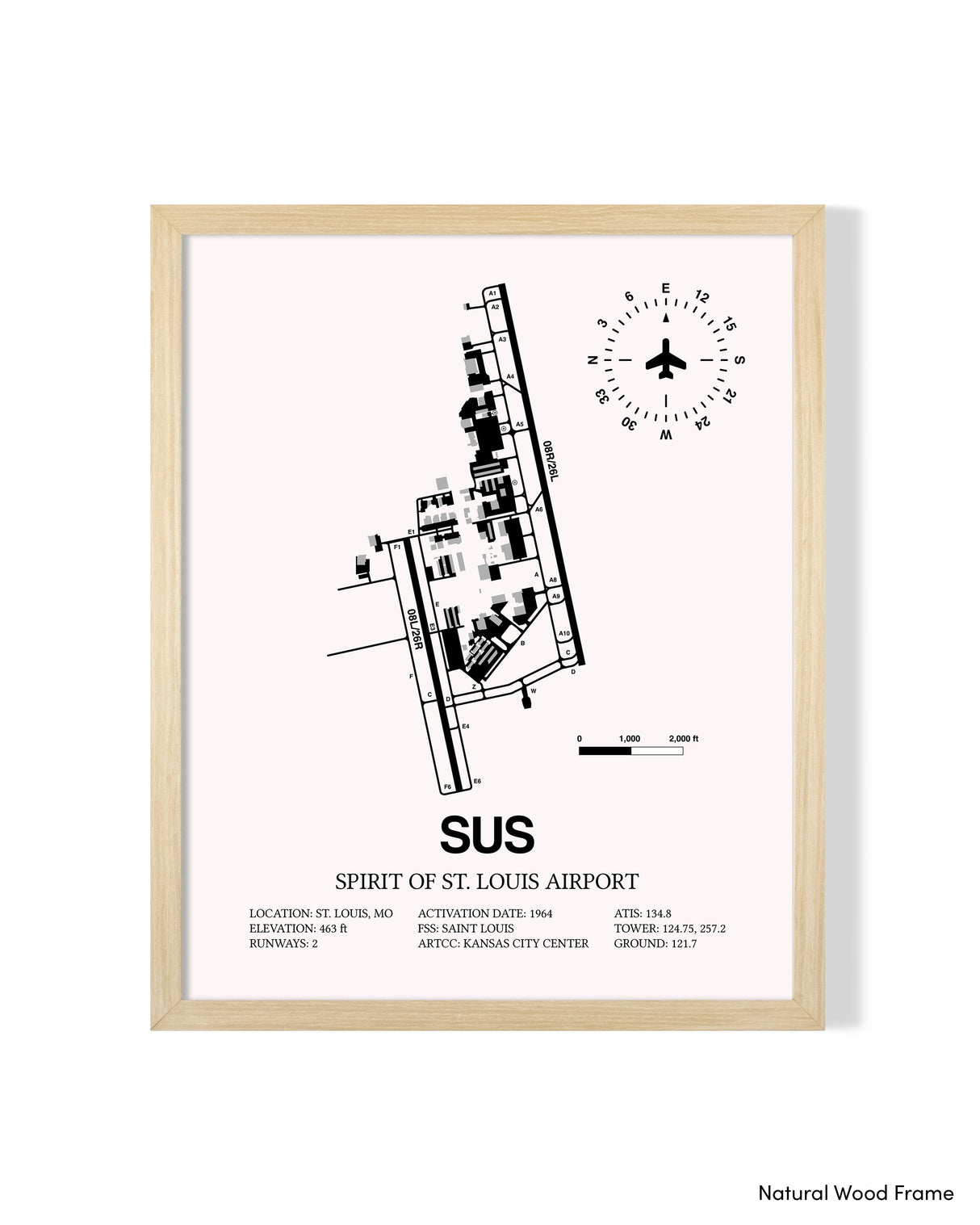 Detailed Airport Map of Spirit of St. Louis Airport (SUS) in White with a Natural Frame