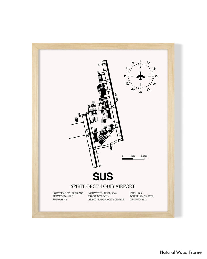Detailed Airport Map of Spirit of St. Louis Airport (SUS) in White with a Natural Frame