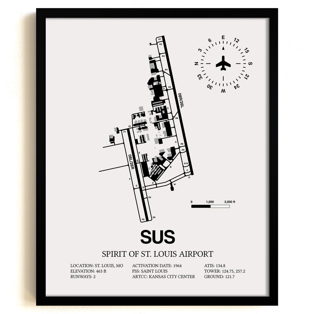Framed Detailed Airport Map of Spirit of St. Louis Airport (SUS) in White with a Black Frame
