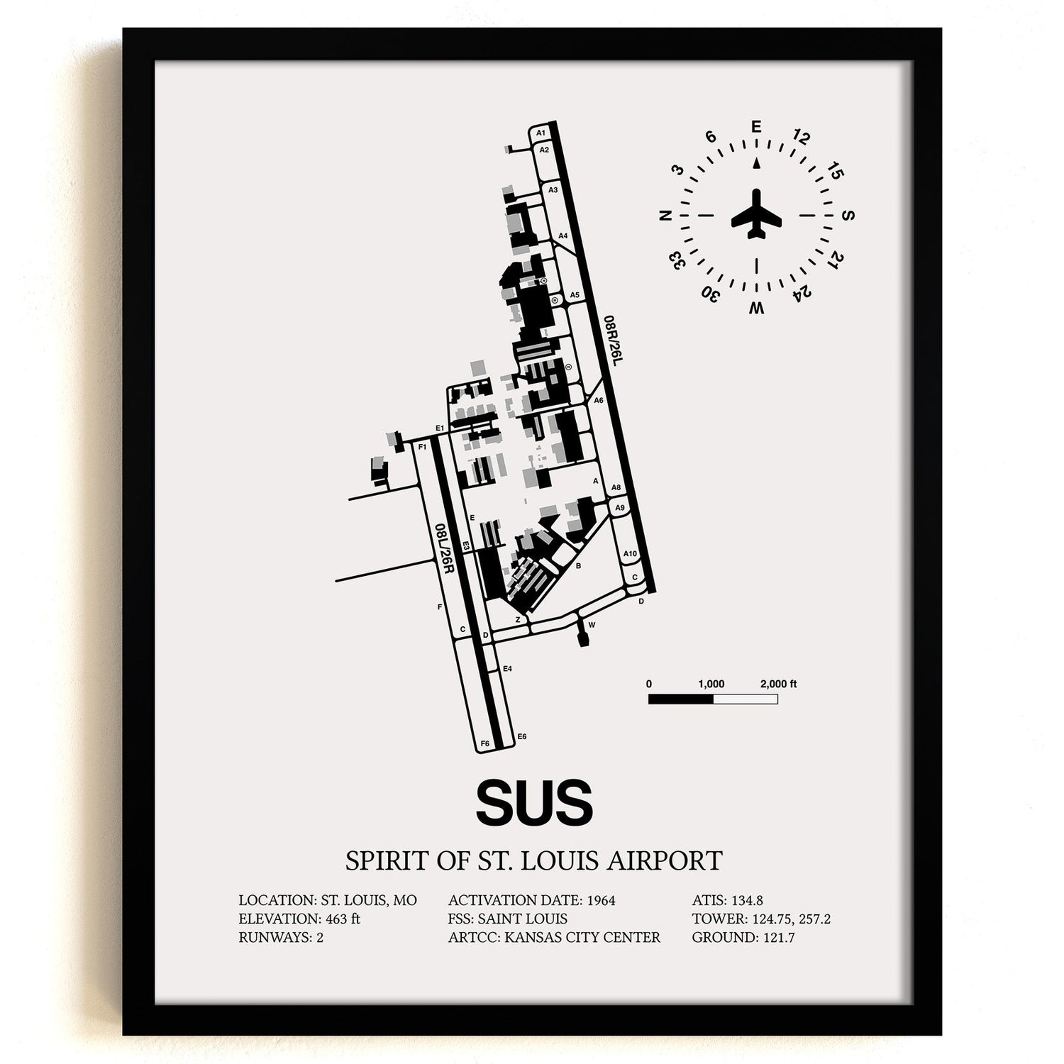Framed Detailed Airport Map of Spirit of St. Louis Airport (SUS) in White with a Black Frame