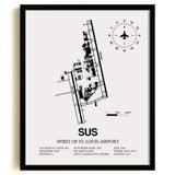 Framed Detailed Airport Map of Spirit of St. Louis Airport (SUS) in White with a Black Frame