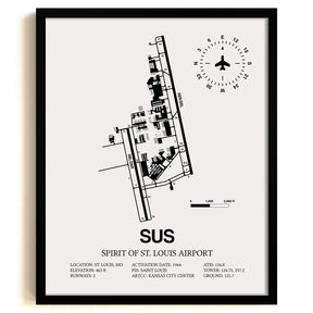 Framed Detailed Airport Map of Spirit of St. Louis Airport (SUS) in White with a Black Frame