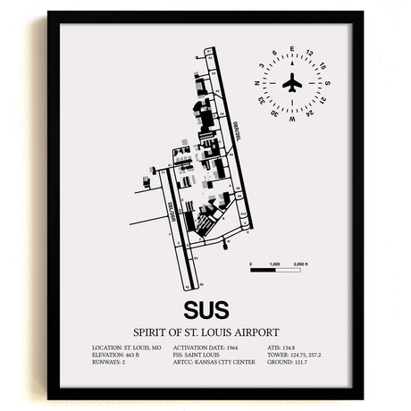 Framed Detailed Airport Map of Spirit of St. Louis Airport (SUS) in White with a Black Frame