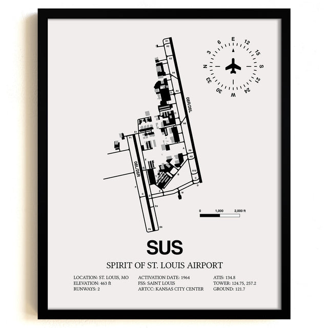 Framed Detailed Airport Map of Spirit of St. Louis Airport (SUS) in White with a Black Frame