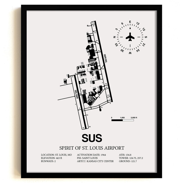 Framed Detailed Airport Map of Spirit of St. Louis Airport (SUS) in White with a Black Frame