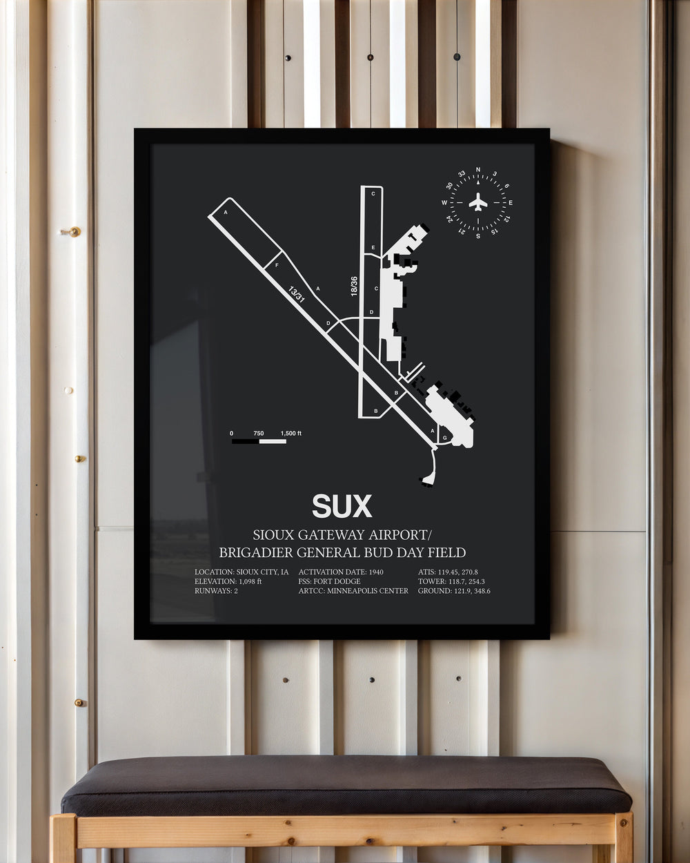 Framed Detailed Airport Map of Sioux Gateway Airport / Brigadier General Bud Day Field (SUX) in Gray with a Black Frame