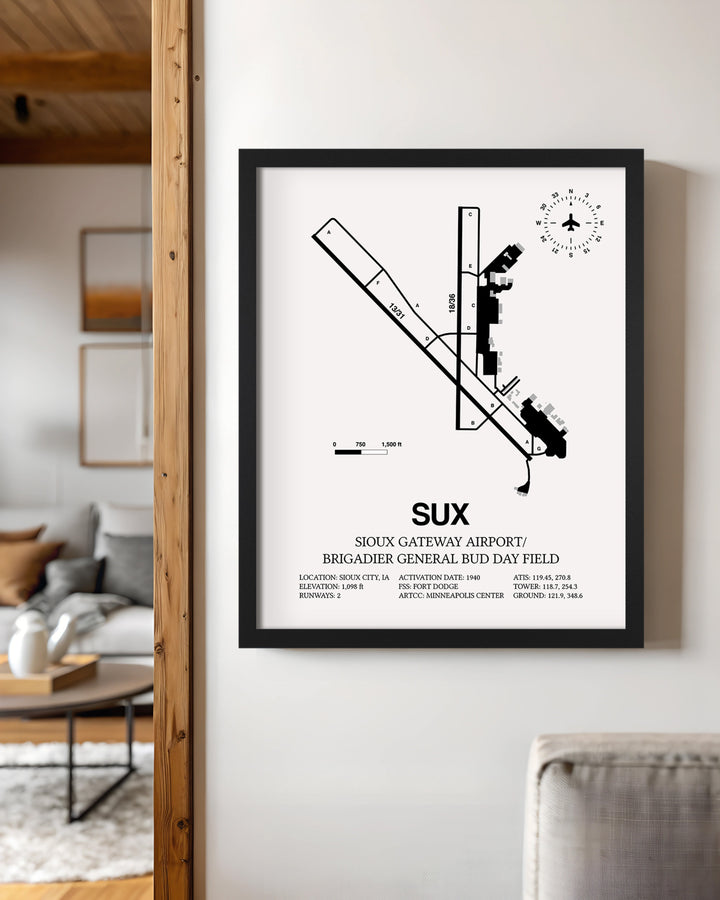 Framed Detailed Airport Map of Sioux Gateway Airport / Brigadier General Bud Day Field (SUX) in White with a Black Frame