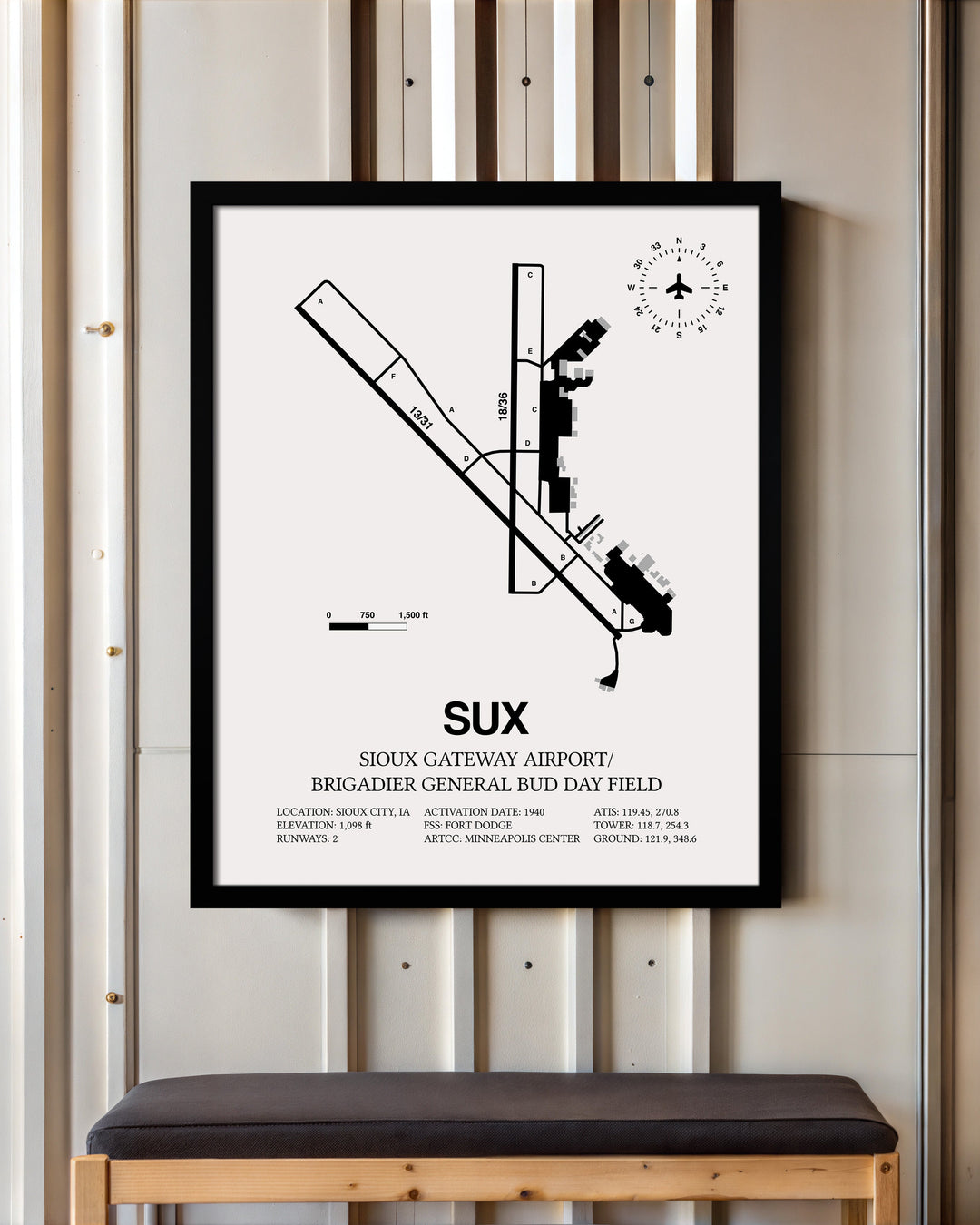 Framed Detailed Airport Map of Sioux Gateway Airport / Brigadier General Bud Day Field (SUX) in White with a Black Frame