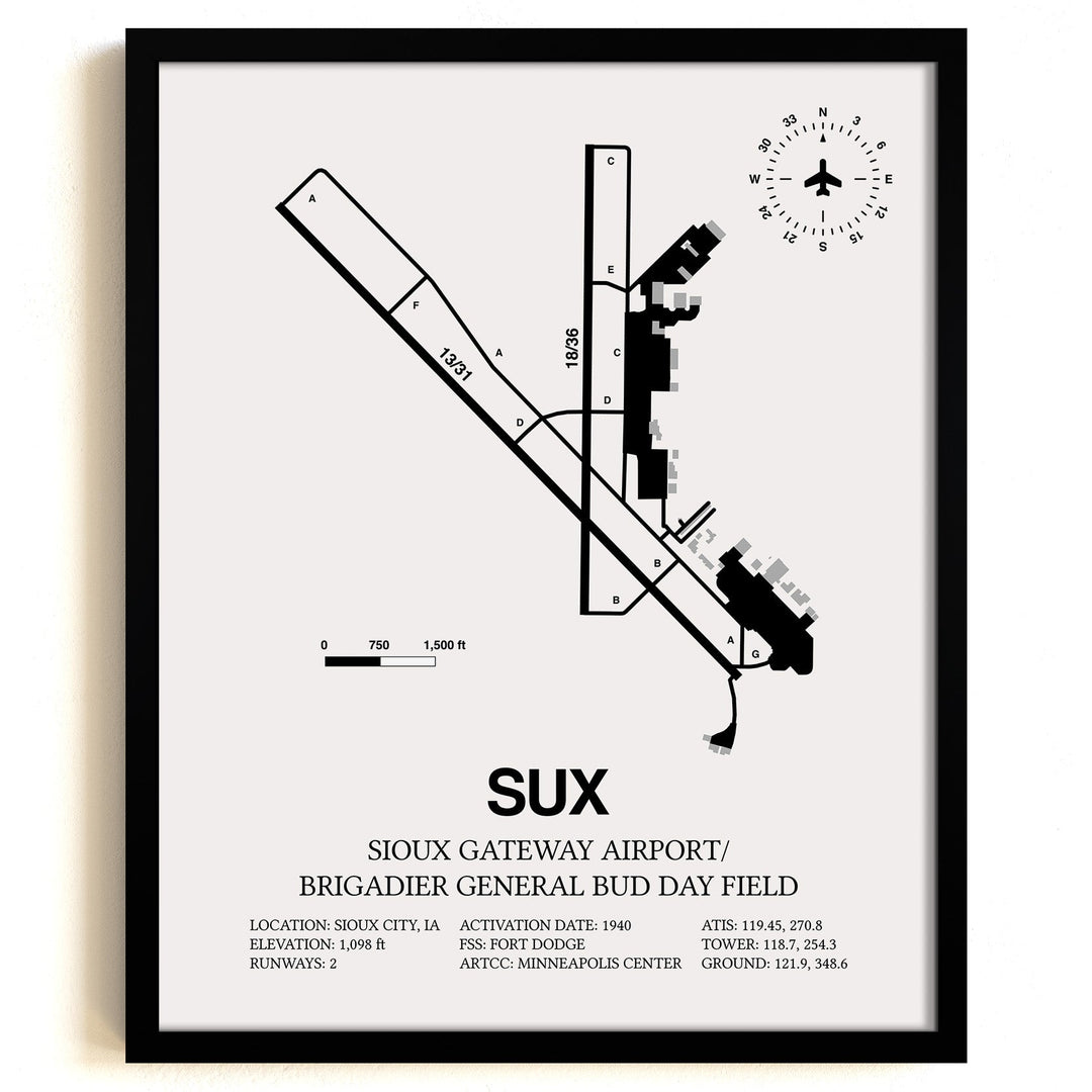 Framed Detailed Airport Map of Sioux Gateway Airport / Brigadier General Bud Day Field (SUX) in White with a Black Frame