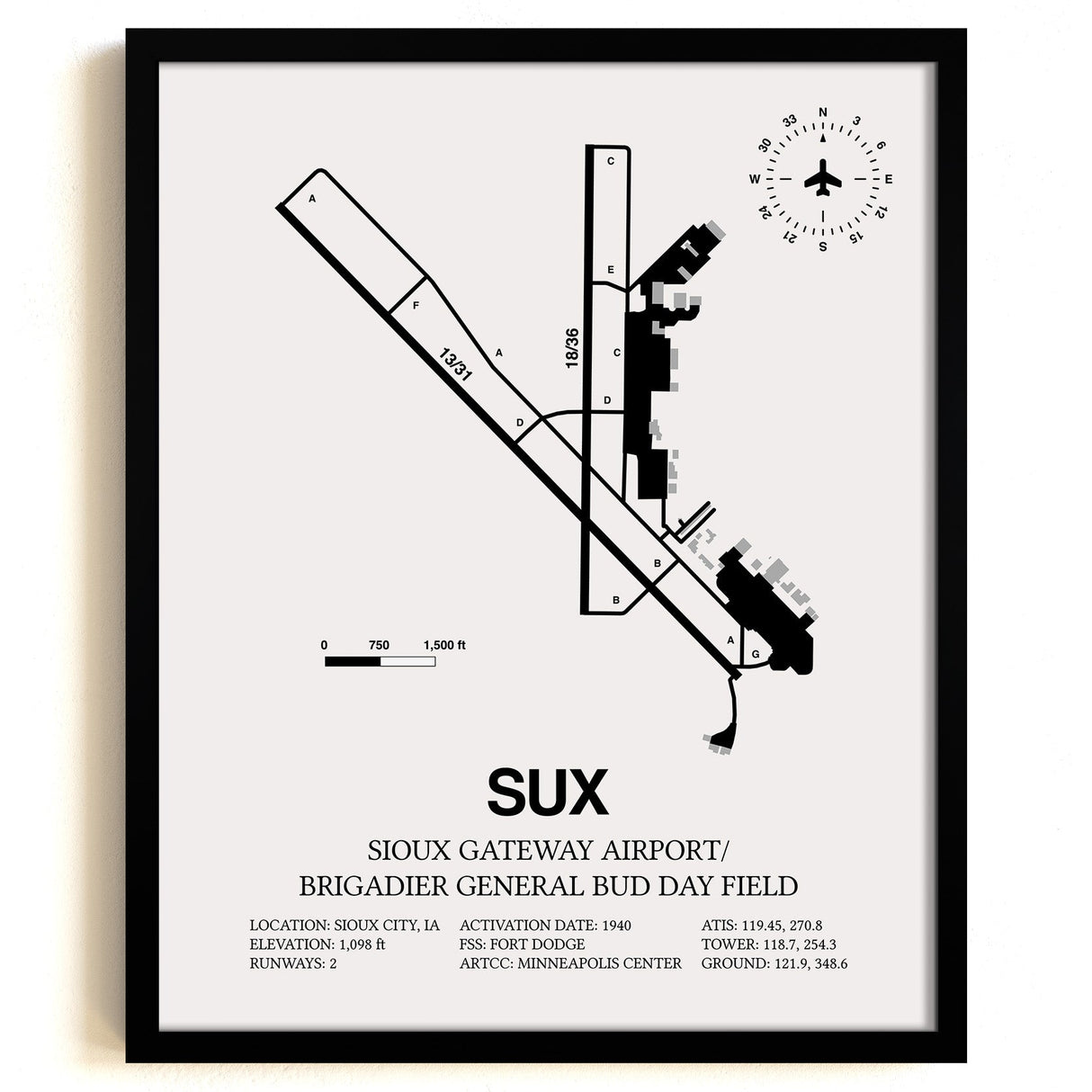 Framed Detailed Airport Map of Sioux Gateway Airport / Brigadier General Bud Day Field (SUX) in White with a Black Frame
