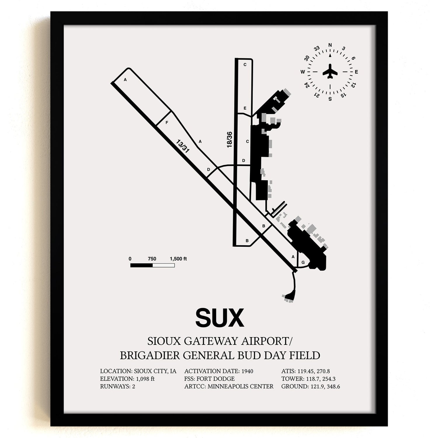 Framed Detailed Airport Map of Sioux Gateway Airport / Brigadier General Bud Day Field (SUX) in White with a Black Frame
